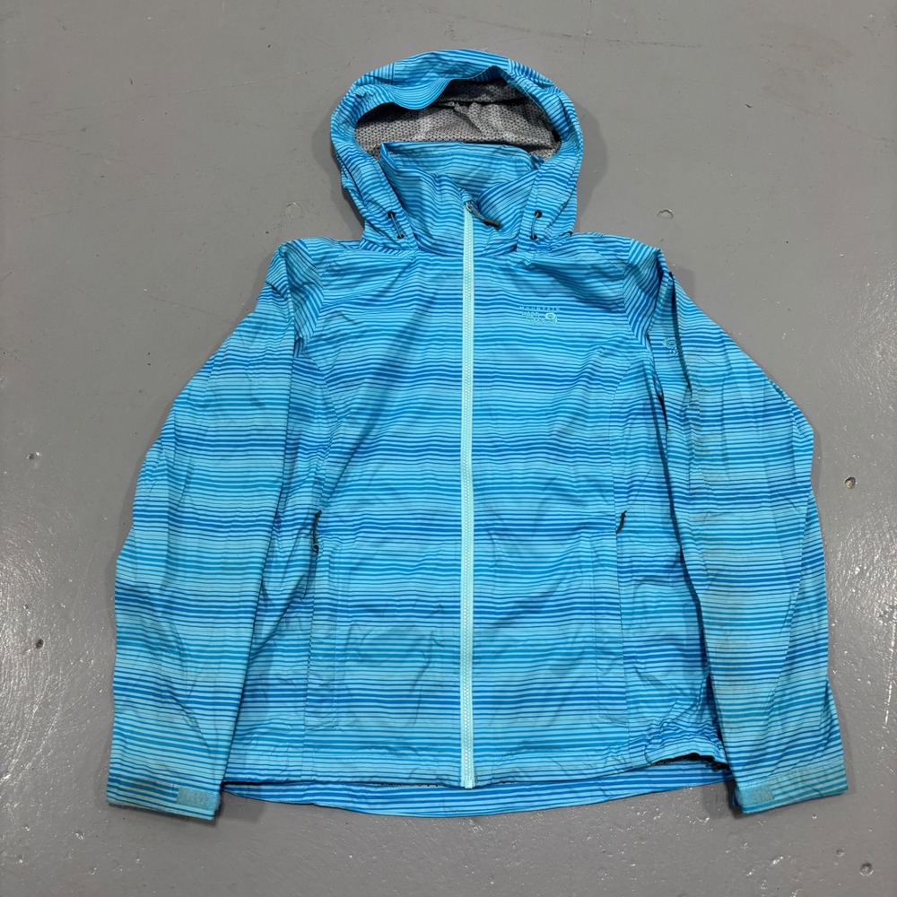 Mountain Hardwear Womens Blue Striped Hooded Windbreaker Jacket Large L Full Zip